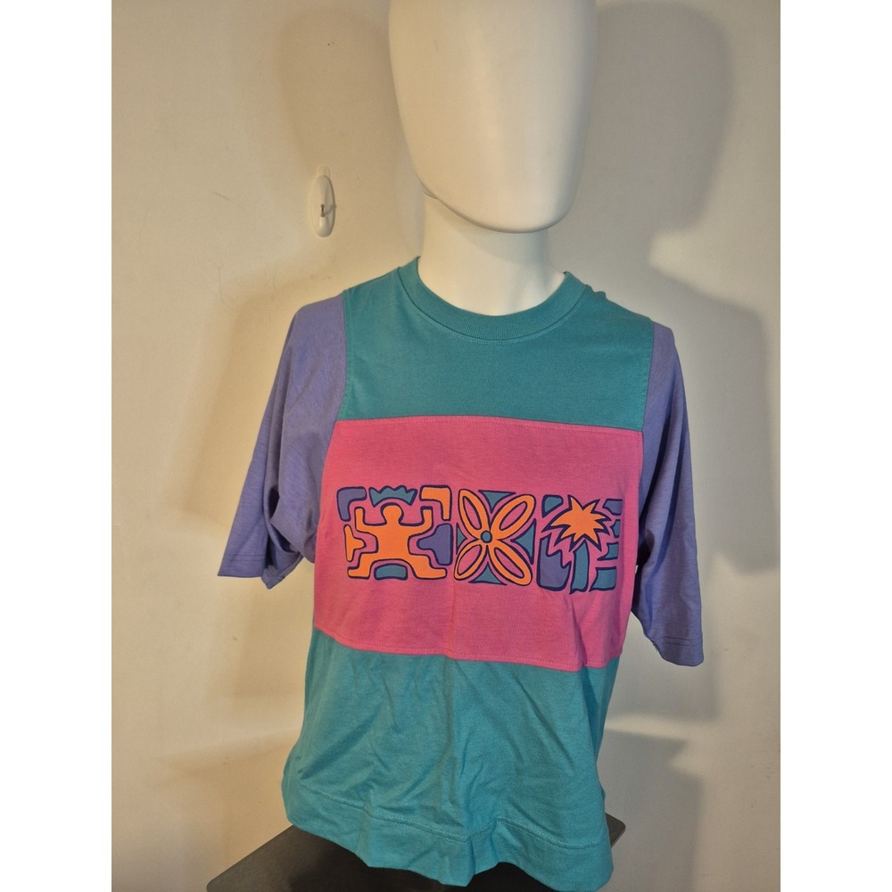 VTG 1980's Ocean Pacific Color Block Hawaiian Cropped Top Shirt Size Large